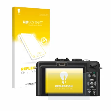 Vorderseite einer Produktverpackung mit dem Markenlogo upscreen. Daneben ist das Gerät Panasonic Lumix DMC-LX5 mit dem zugehör