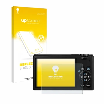 Vorderseite einer Produktverpackung mit dem Markenlogo upscreen. Daneben ist das Gerät Canon PowerShot S95 mit dem zugehörigen