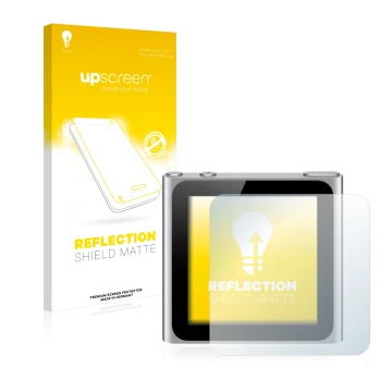 Vorderseite einer Produktverpackung mit dem Markenlogo upscreen. Daneben ist das Gerät Apple iPod nano 2010 (6. Gen.) mit dem 