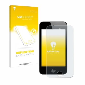 Vorderseite einer Produktverpackung mit dem Markenlogo upscreen. Daneben ist das Gerät Apple iPod Touch (4. Gen.) mit dem zuge