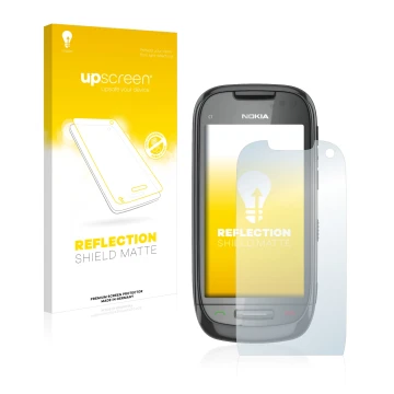 Vorderseite einer Produktverpackung mit dem Markenlogo upscreen. Daneben ist das Gerät Nokia C7-00 mit dem zugehörigen Display