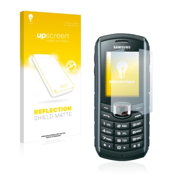 Vorderseite einer Produktverpackung mit dem Markenlogo upscreen. Daneben ist das Gerät Samsung B2710 mit dem zugehörigen Displ