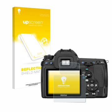 Vorderseite einer Produktverpackung mit dem Markenlogo upscreen. Daneben ist das Gerät Pentax K5, K-5 mit dem zugehörigen Disp
