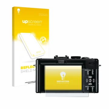 Vorderseite einer Produktverpackung mit dem Markenlogo upscreen. Daneben ist das Gerät Leica D-Lux 5 mit dem zugehörigen Displ