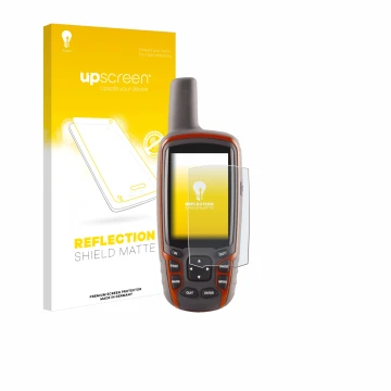 Vorderseite einer Produktverpackung mit dem Markenlogo upscreen. Daneben ist das Gerät Garmin GPSMAP 62s mit dem zugehörigen D