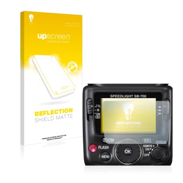 Vorderseite einer Produktverpackung mit dem Markenlogo upscreen. Daneben ist das Gerät Nikon SB-700 mit dem zugehörigen Displa