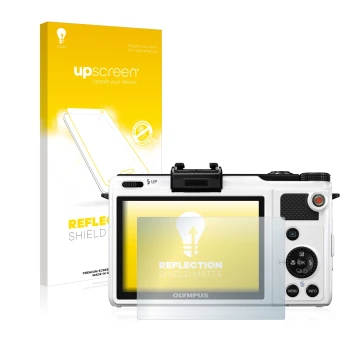 Vorderseite einer Produktverpackung mit dem Markenlogo upscreen. Daneben ist das Gerät Olympus XZ-1 mit dem zugehörigen Displa