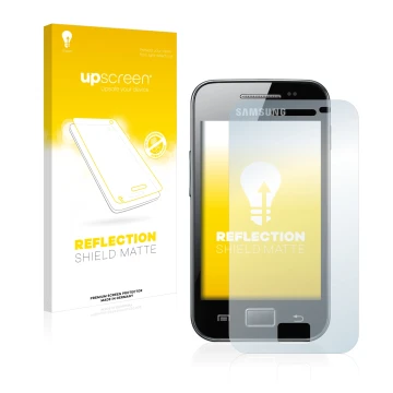 Vorderseite einer Produktverpackung mit dem Markenlogo upscreen. Daneben ist das Gerät Samsung Galaxy Ace S5830 mit dem zugehö