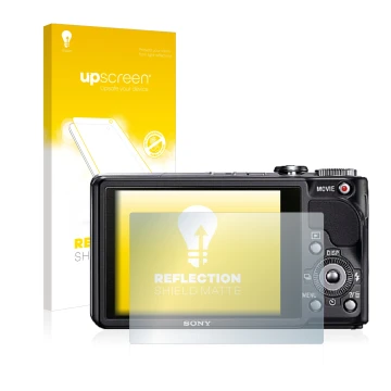 Vorderseite einer Produktverpackung mit dem Markenlogo upscreen. Daneben ist das Gerät Sony Cyber-Shot DSC-HX9V mit dem zugehö
