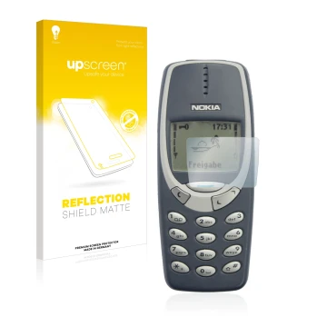 Vorderseite einer Produktverpackung mit dem Markenlogo upscreen. Daneben ist das Gerät Nokia 3310 2011 mit dem zugehörigen Dis