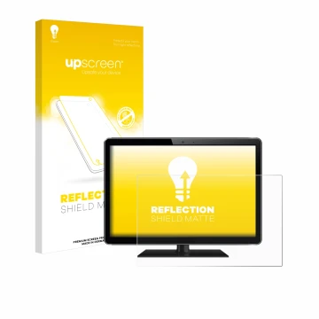 Vorderseite einer Produktverpackung mit dem Markenlogo upscreen. Daneben ist das Gerät mit dem zugehörigen Displayschutz abgeb