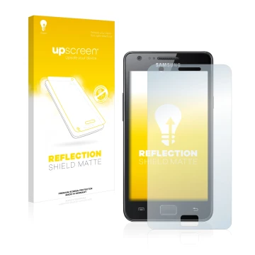 Vorderseite einer Produktverpackung mit dem Markenlogo upscreen. Daneben ist das Gerät Samsung Galaxy S2 mit dem zugehörigen D