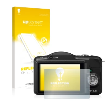 Vorderseite einer Produktverpackung mit dem Markenlogo upscreen. Daneben ist das Gerät Panasonic Lumix DMC-GF3 mit dem zugehör