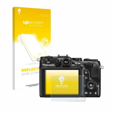 Vorderseite einer Produktverpackung mit dem Markenlogo upscreen. Daneben ist das Gerät Nikon Coolpix P7100 mit dem zugehörigen