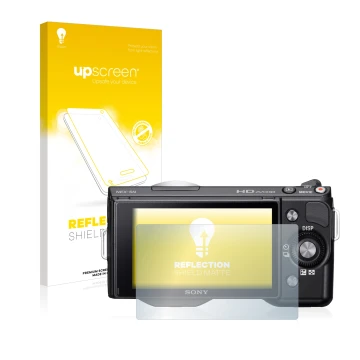 Vorderseite einer Produktverpackung mit dem Markenlogo upscreen. Daneben ist das Gerät Sony Alpha NEX-5N mit dem zugehörigen D