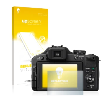 Vorderseite einer Produktverpackung mit dem Markenlogo upscreen. Daneben ist das Gerät Panasonic Lumix DMC-FZ150 mit dem zugeh