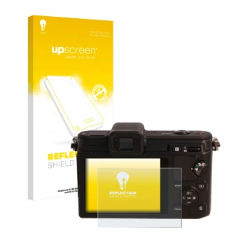 Vorderseite einer Produktverpackung mit dem Markenlogo upscreen. Daneben ist das Gerät Nikon 1 V1 mit dem zugehörigen Displays