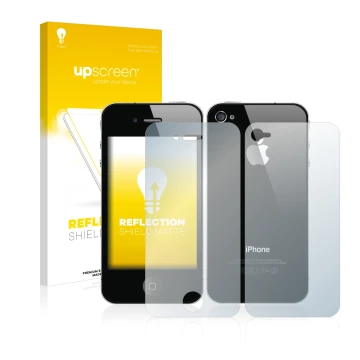 Vorderseite einer Produktverpackung mit dem Markenlogo upscreen. Daneben ist das Gerät Apple iPhone 4S (Display+Rückseite) mit