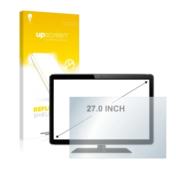 Vorderseite einer Produktverpackung mit dem Markenlogo upscreen. Daneben ist das Gerät mit dem zugehörigen Displayschutz abgeb