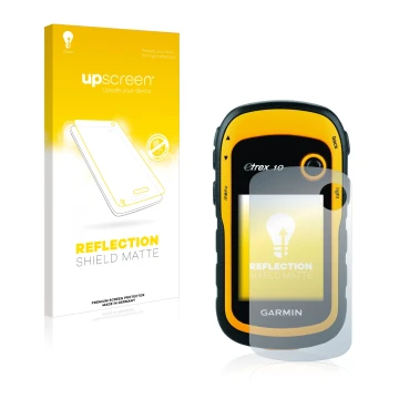 Vorderseite einer Produktverpackung mit dem Markenlogo upscreen. Daneben ist das Gerät Garmin eTrex 10 mit dem zugehörigen Dis