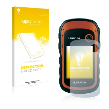 Vorderseite einer Produktverpackung mit dem Markenlogo upscreen. Daneben ist das Gerät Garmin eTrex 20 mit dem zugehörigen Dis