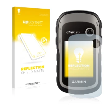 Vorderseite einer Produktverpackung mit dem Markenlogo upscreen. Daneben ist das Gerät Garmin eTrex 30 mit dem zugehörigen Dis