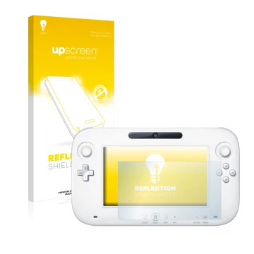 Vorderseite einer Produktverpackung mit dem Markenlogo upscreen. Daneben ist das Gerät Nintendo Wii U GamePad (Controller) mit