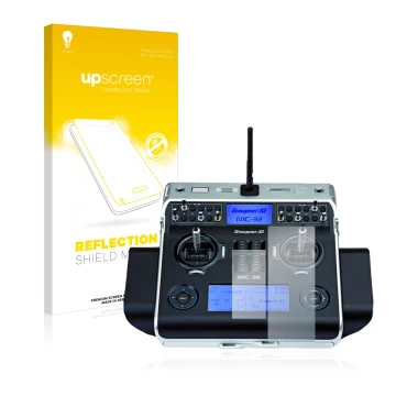 Vorderseite einer Produktverpackung mit dem Markenlogo upscreen. Daneben ist das Gerät Graupner MC-32 HoTT mit dem zugehörigen