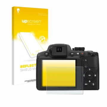 Vorderseite einer Produktverpackung mit dem Markenlogo upscreen. Daneben ist das Gerät Nikon Coolpix P510 mit dem zugehörigen 