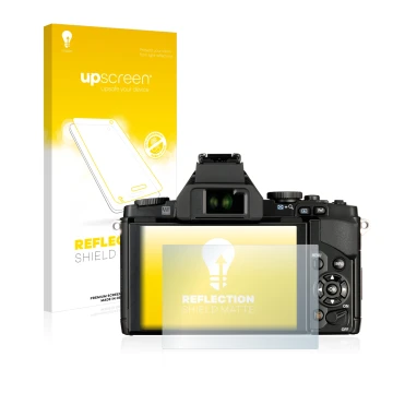 Vorderseite einer Produktverpackung mit dem Markenlogo upscreen. Daneben ist das Gerät Olympus OM-D E-M5 mit dem zugehörigen D