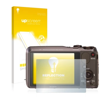 Vorderseite einer Produktverpackung mit dem Markenlogo upscreen. Daneben ist das Gerät Sony Cyber-Shot DSC-HX20V mit dem zugeh