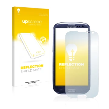 Vorderseite einer Produktverpackung mit dem Markenlogo upscreen. Daneben ist das Gerät Samsung Galaxy S3 I9300 mit dem zugehör
