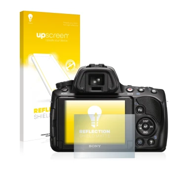 Vorderseite einer Produktverpackung mit dem Markenlogo upscreen. Daneben ist das Gerät Sony Alpha 37 (SLT-A37) mit dem zugehör