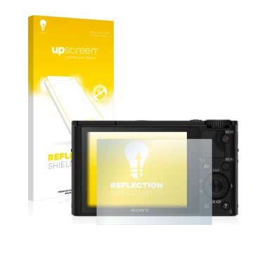 Vorderseite einer Produktverpackung mit dem Markenlogo upscreen. Daneben ist das Gerät Sony Cyber-Shot DSC-RX100 mit dem zugeh
