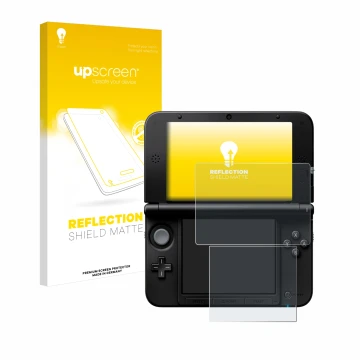 Vorderseite einer Produktverpackung mit dem Markenlogo upscreen. Daneben ist das Gerät Nintendo 3DS XL SPM7800 mit dem zugehör