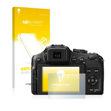 Vorderseite einer Produktverpackung mit dem Markenlogo upscreen. Daneben ist das Gerät Panasonic Lumix DMC-FZ200 mit dem zugeh