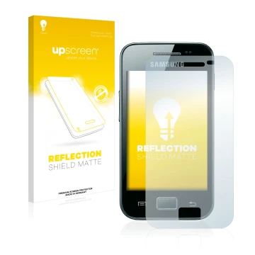 Vorderseite einer Produktverpackung mit dem Markenlogo upscreen. Daneben ist das Gerät Samsung Galaxy Ace S5830i mit dem zugeh