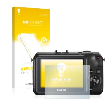 Vorderseite einer Produktverpackung mit dem Markenlogo upscreen. Daneben ist das Gerät Canon EOS M mit dem zugehörigen Display