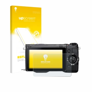 Vorderseite einer Produktverpackung mit dem Markenlogo upscreen. Daneben ist das Gerät Sony Alpha NEX-5R mit dem zugehörigen D