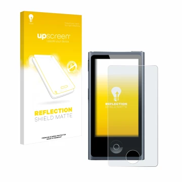 Vorderseite einer Produktverpackung mit dem Markenlogo upscreen. Daneben ist das Gerät Apple iPod nano 2012 (7. Gen.) mit dem 