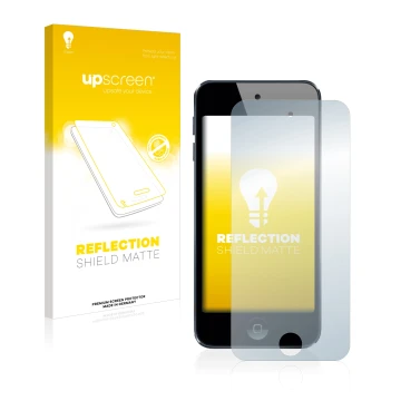 Vorderseite einer Produktverpackung mit dem Markenlogo upscreen. Daneben ist das Gerät Apple iPod Touch (5. Gen.) mit dem zuge