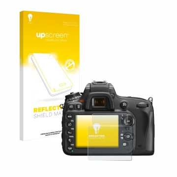 Vorderseite einer Produktverpackung mit dem Markenlogo upscreen. Daneben ist das Gerät Nikon D600 mit dem zugehörigen Displays