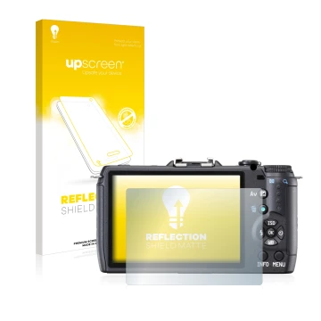Vorderseite einer Produktverpackung mit dem Markenlogo upscreen. Daneben ist das Gerät Pentax Q10 mit dem zugehörigen Displays