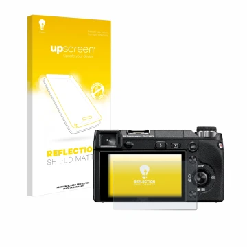 Vorderseite einer Produktverpackung mit dem Markenlogo upscreen. Daneben ist das Gerät Sony Alpha NEX-6 mit dem zugehörigen Di