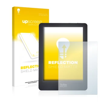 Vorderseite einer Produktverpackung mit dem Markenlogo upscreen. Daneben ist das Gerät Kobo Glo mit dem zugehörigen Displaysch