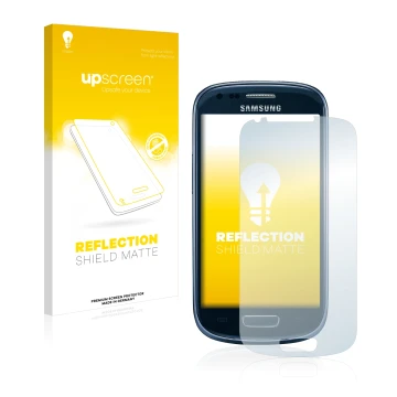 Vorderseite einer Produktverpackung mit dem Markenlogo upscreen. Daneben ist das Gerät Samsung Galaxy S3 Mini I8190 mit dem zu