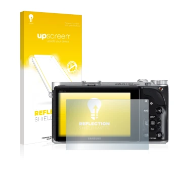 Vorderseite einer Produktverpackung mit dem Markenlogo upscreen. Daneben ist das Gerät Samsung NX300 mit dem zugehörigen Displ