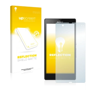 Vorderseite einer Produktverpackung mit dem Markenlogo upscreen. Daneben ist das Gerät Sony Xperia Z C6602 C6603 mit dem zugeh