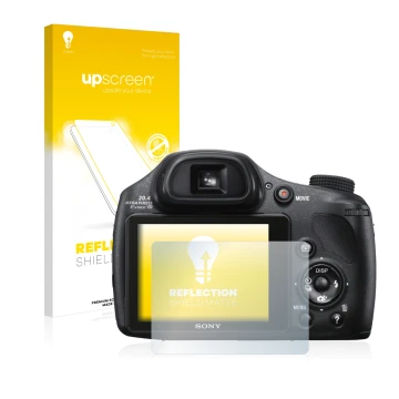 Vorderseite einer Produktverpackung mit dem Markenlogo upscreen. Daneben ist das Gerät Sony Cyber-Shot DSC-HX300 mit dem zugeh