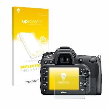 Vorderseite einer Produktverpackung mit dem Markenlogo upscreen. Daneben ist das Gerät Nikon D7100 mit dem zugehörigen Display